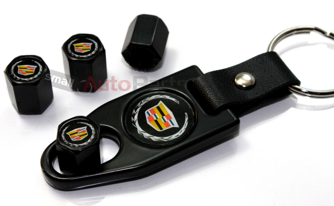 Cadillac New Logo Black Tire Wheel Stem Air Valve Caps Wrench Key Chain Gift